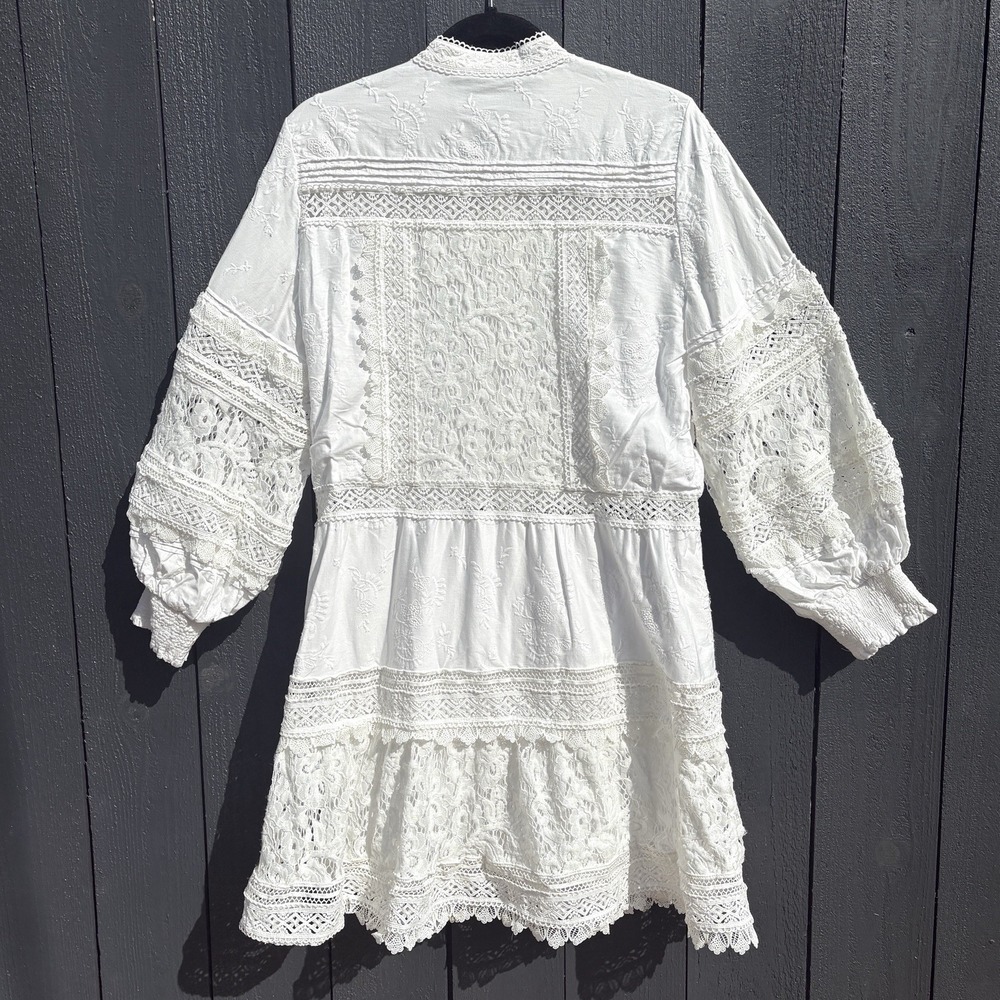 Alice + Olivia Cailin Tunic Tiered Mini Dress L Cottage Boho Lace Embroidered - Picture 2 of 9